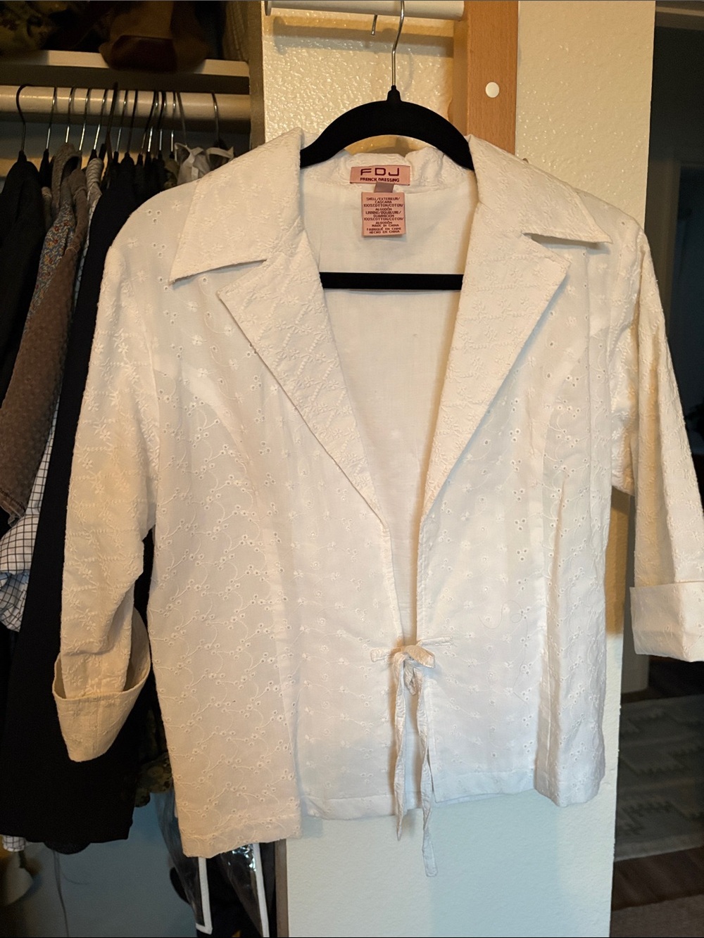 FDJ Paris White Eyelet Tie-Front Blazer